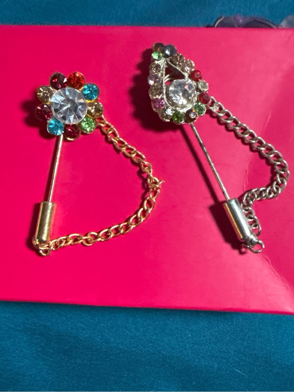 Multicolor Crystal Flower Lapel Pins with Chain (Set of 2)